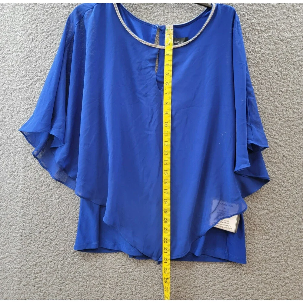 MSK Embellished Overlay Top Women's XL Goddess Blue Solid Scoop Neck Button Back - Picture 7 of 14